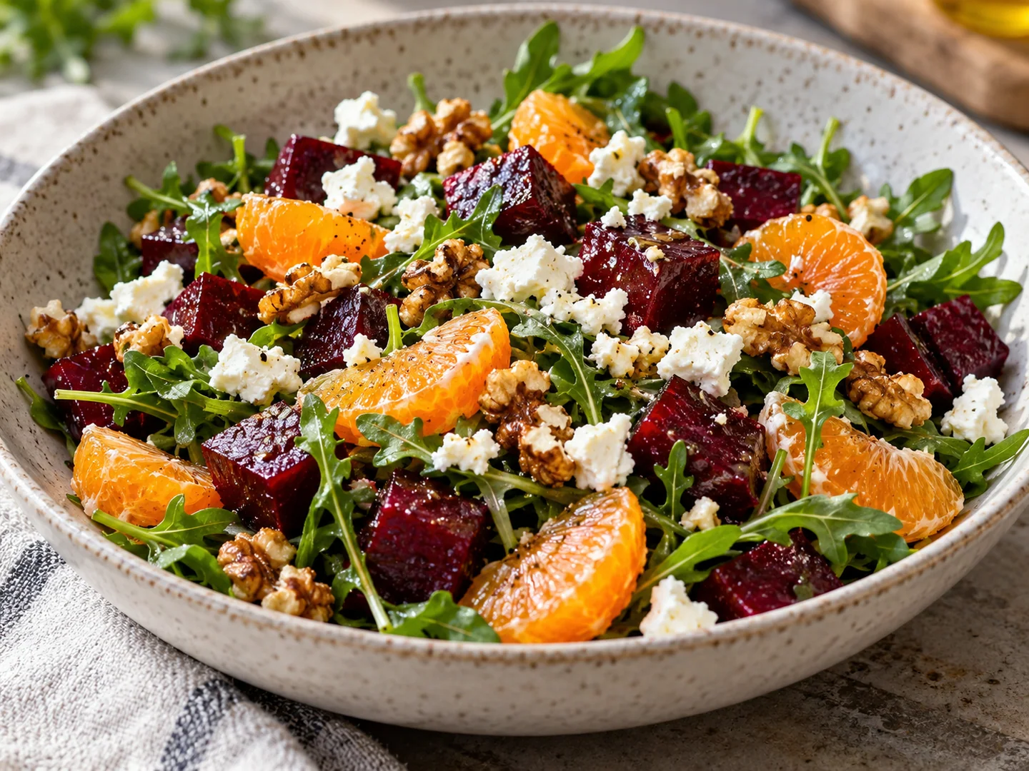 Salade de betterave avec quartiers de clémentine, feta, roquette et noix grillées