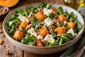 Salade tiÃ¨de de courge, noix, chÃ¨vre et mÃ¢che
