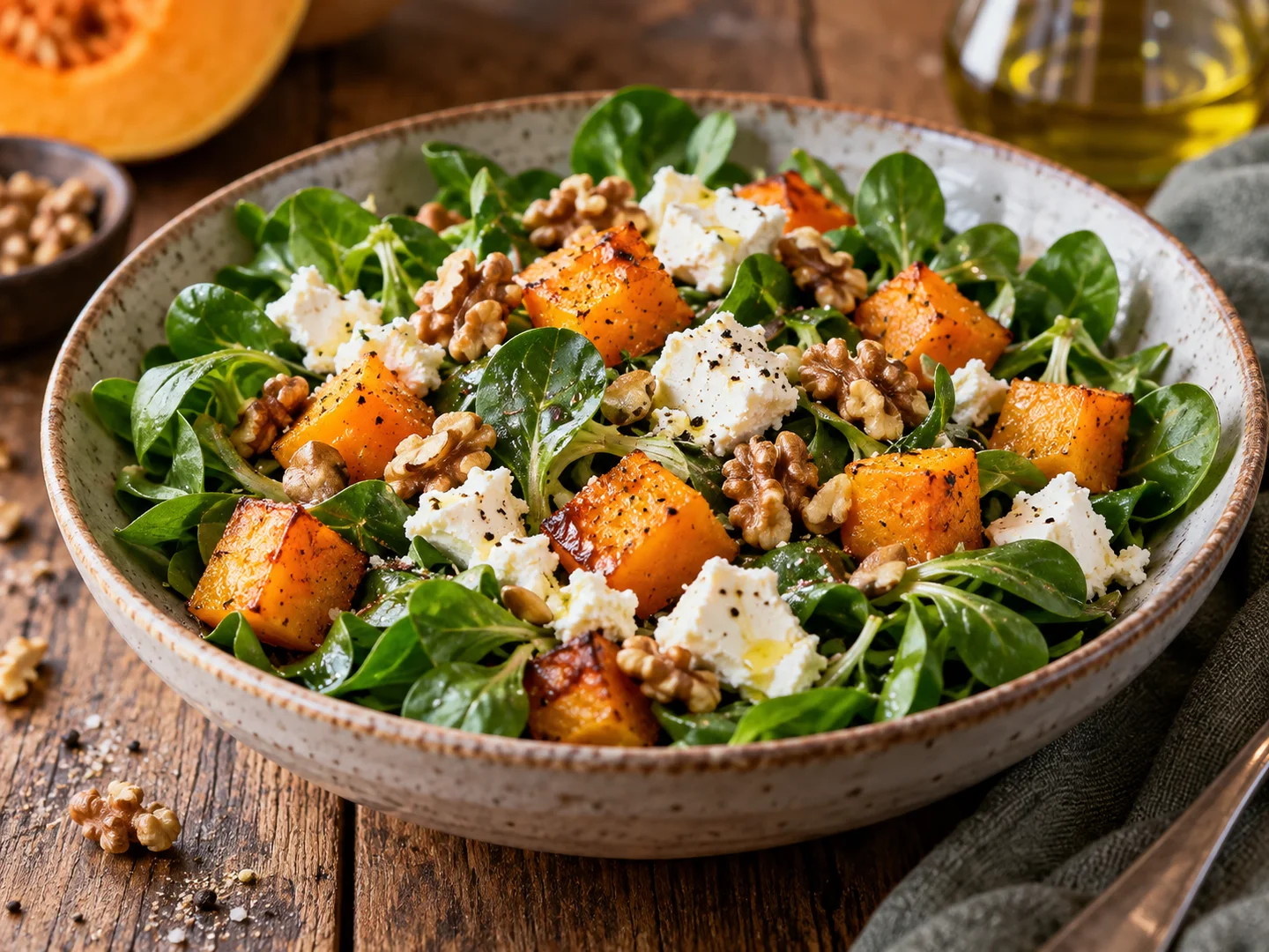 Salade tiÃ¨de de courge, noix, chÃ¨vre et mÃ¢che