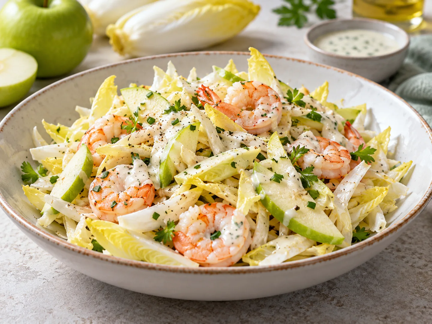 Salade dâ€™endives avec crevettes roses et bÃ¢tonnets de pomme