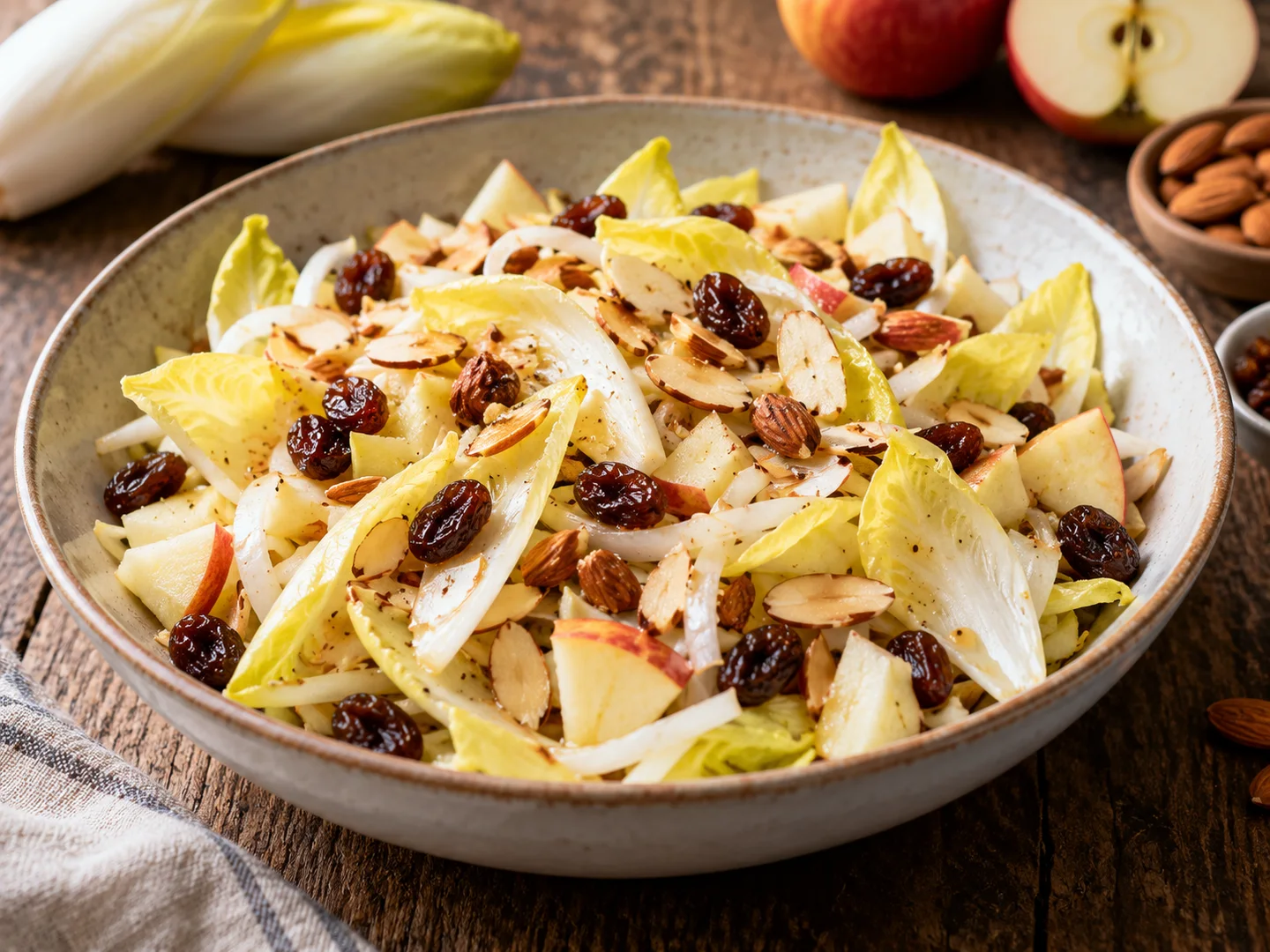 Salade dâ€™endives avec raisins secs, pomme et amandes