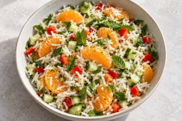 Salade de riz avec quartiers de clémentine, dés de concombre, poivron rouge et menthe