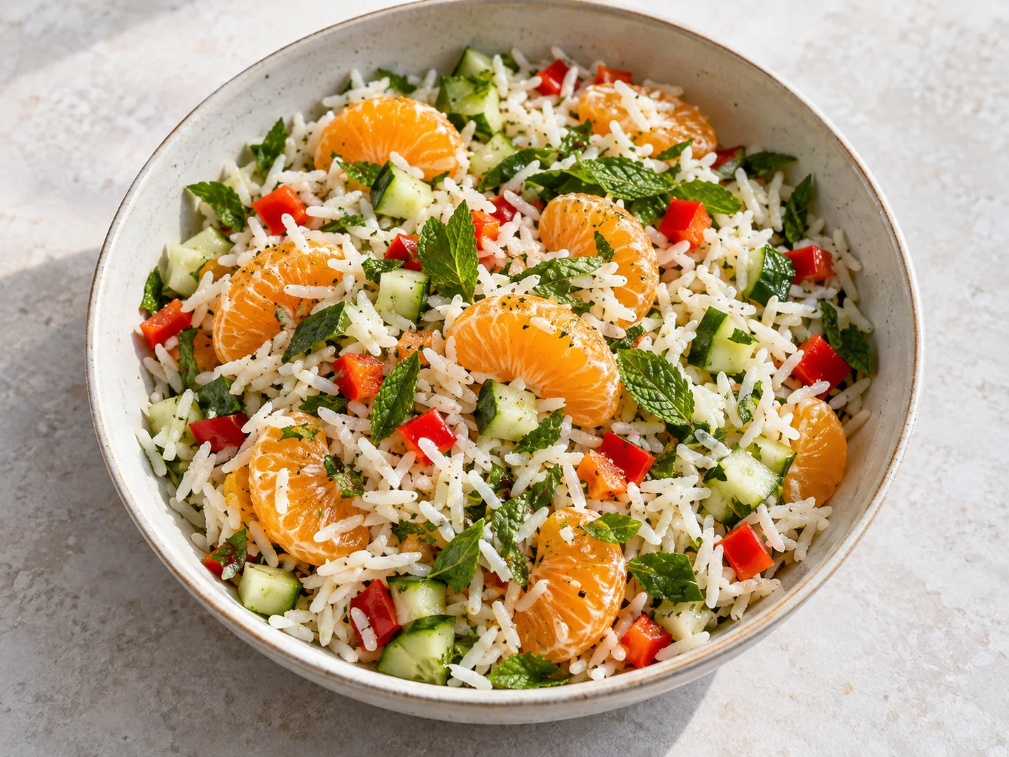 Salade de riz avec quartiers de clémentine, dés de concombre, poivron rouge et menthe