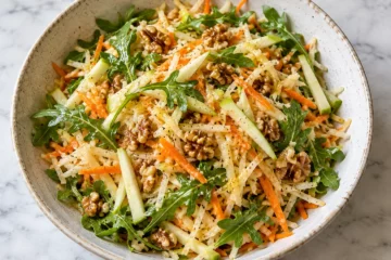 Salade de rutabaga râpé, pomme verte, roquette et noix dans un saladier clair
