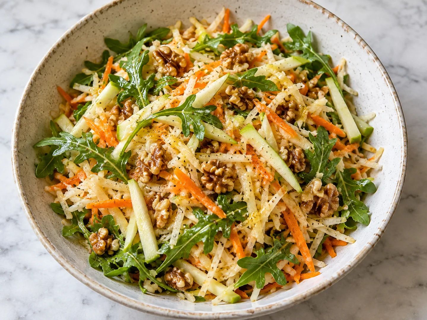Salade de rutabaga râpé, pomme verte, roquette et noix dans un saladier clair