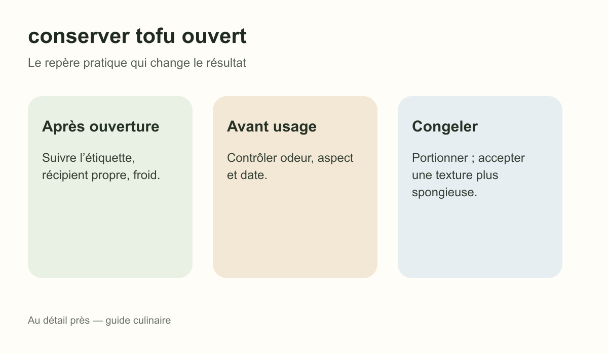 Schéma pratique : Après ouverture, Avant usage et Congeler pour conserver tofu ouvert