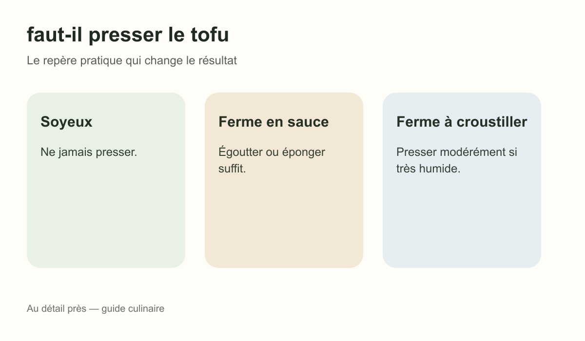 Schéma pratique : Soyeux, Ferme en sauce et Ferme à croustiller pour faut-il presser le tofu