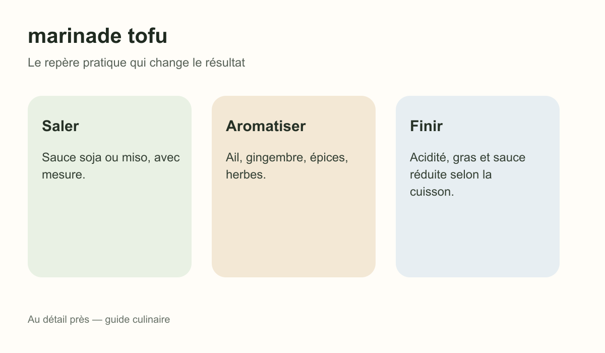 Schéma pratique : Saler, Aromatiser et Finir pour marinade tofu