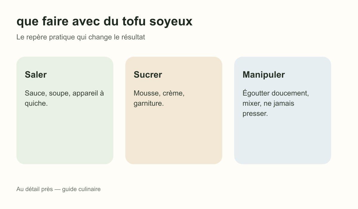 Schéma pratique : Saler, Sucrer et Manipuler pour que faire avec du tofu soyeux
