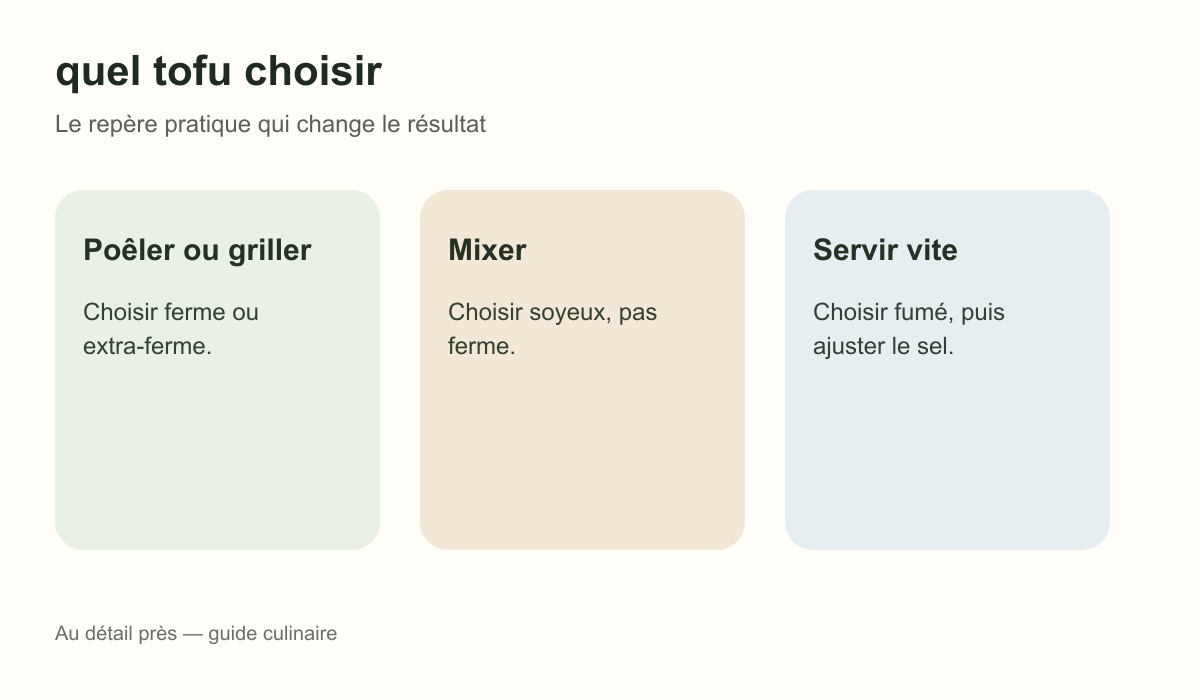 Schéma pratique : Poêler ou griller, Mixer et Servir vite pour quel tofu choisir