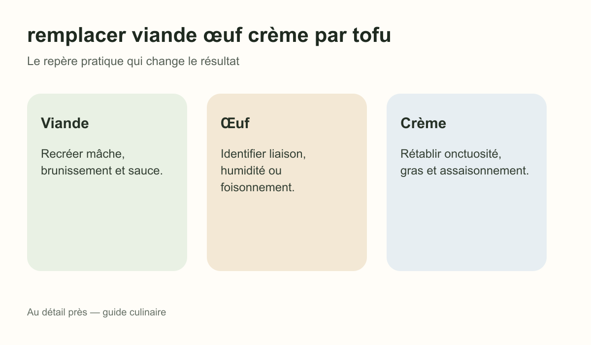 Schéma pratique : Viande, Œuf et Crème pour remplacer viande œuf crème par tofu