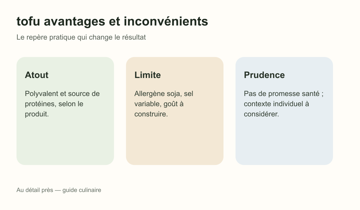 Schéma pratique : Atout, Limite et Prudence pour tofu avantages et inconvénients