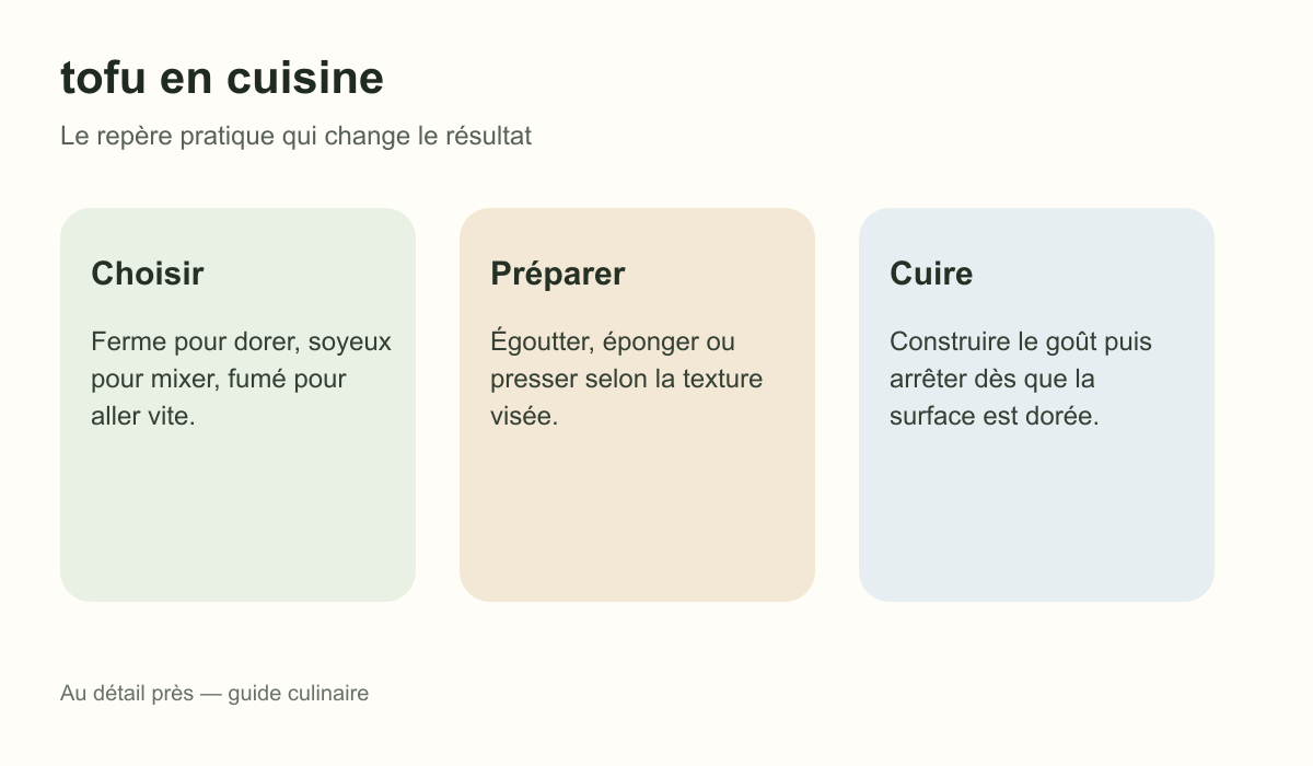 Schéma pratique : Choisir, Préparer et Cuire pour tofu en cuisine