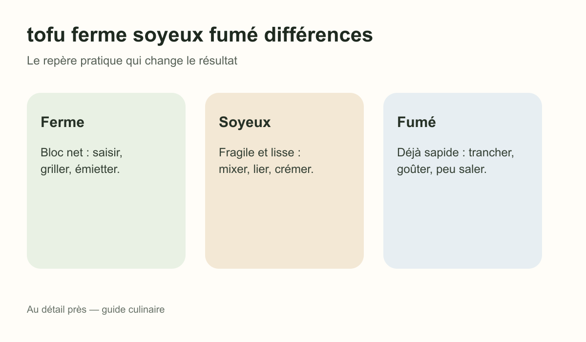 Schéma pratique : Ferme, Soyeux et Fumé pour tofu ferme soyeux fumé différences