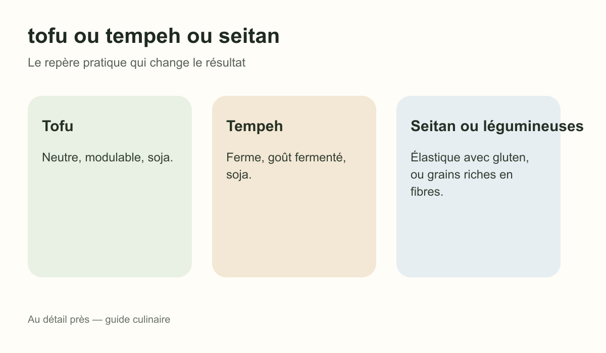 Schéma pratique : Tofu, Tempeh et Seitan ou légumineuses pour tofu ou tempeh ou seitan