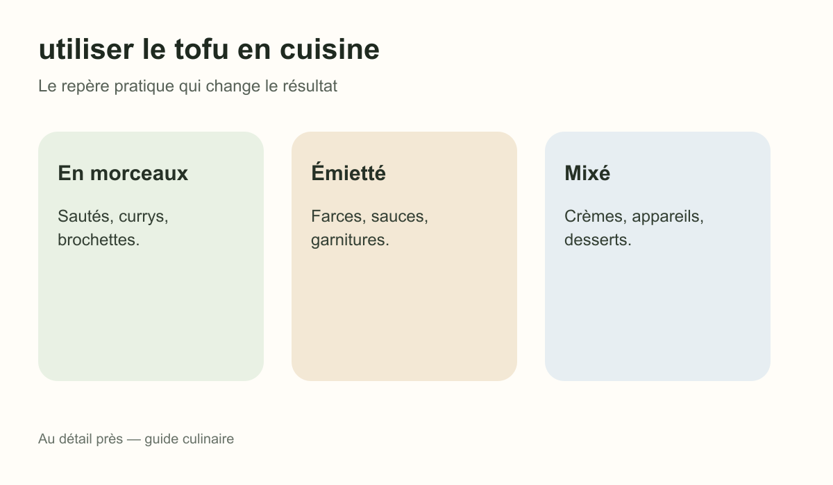 Schéma pratique : En morceaux, Émietté et Mixé pour utiliser le tofu en cuisine