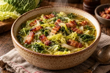 Soupe de chou vert aux lardons croustillants