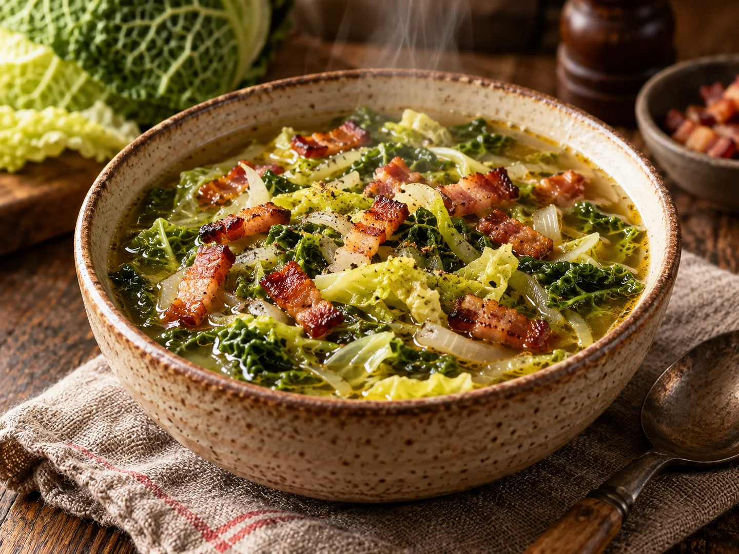 Soupe de chou vert aux lardons croustillants
