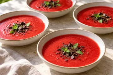 Soupe de fraises lisse garnie de chocolat noir haché et de petites feuilles de menthe