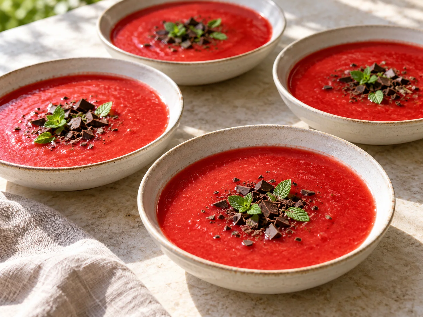 Soupe de fraises lisse garnie de chocolat noir haché et de petites feuilles de menthe
