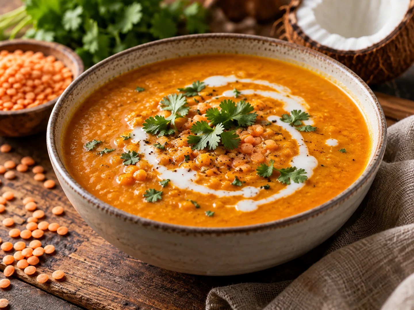 Soupe de lentilles corail au lait de coco