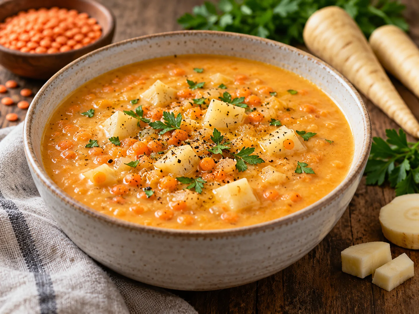Soupe de panais et lentilles corail