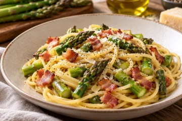 Spaghetti aux asperges vertes et pancetta