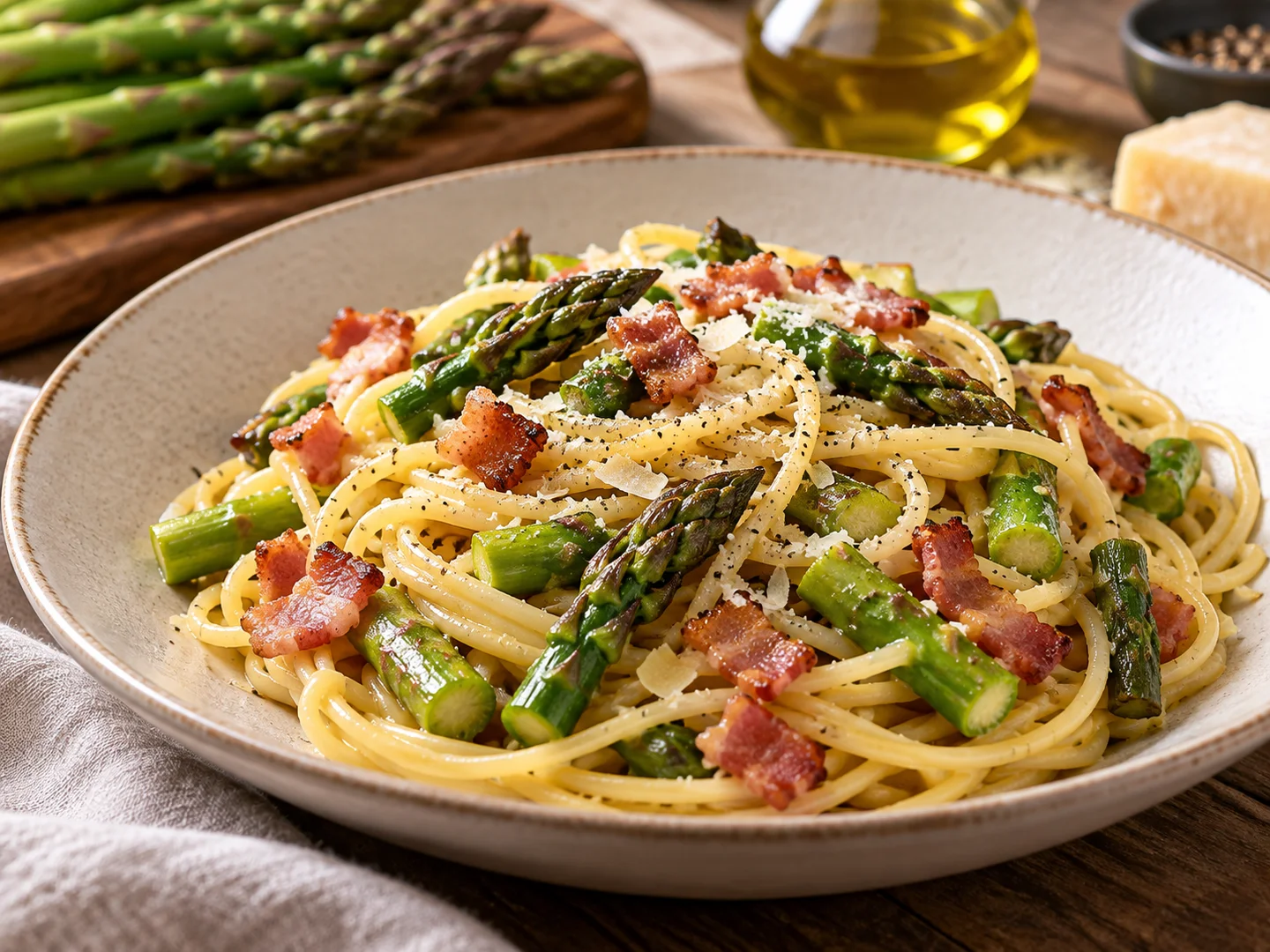 Spaghetti aux asperges vertes et pancetta