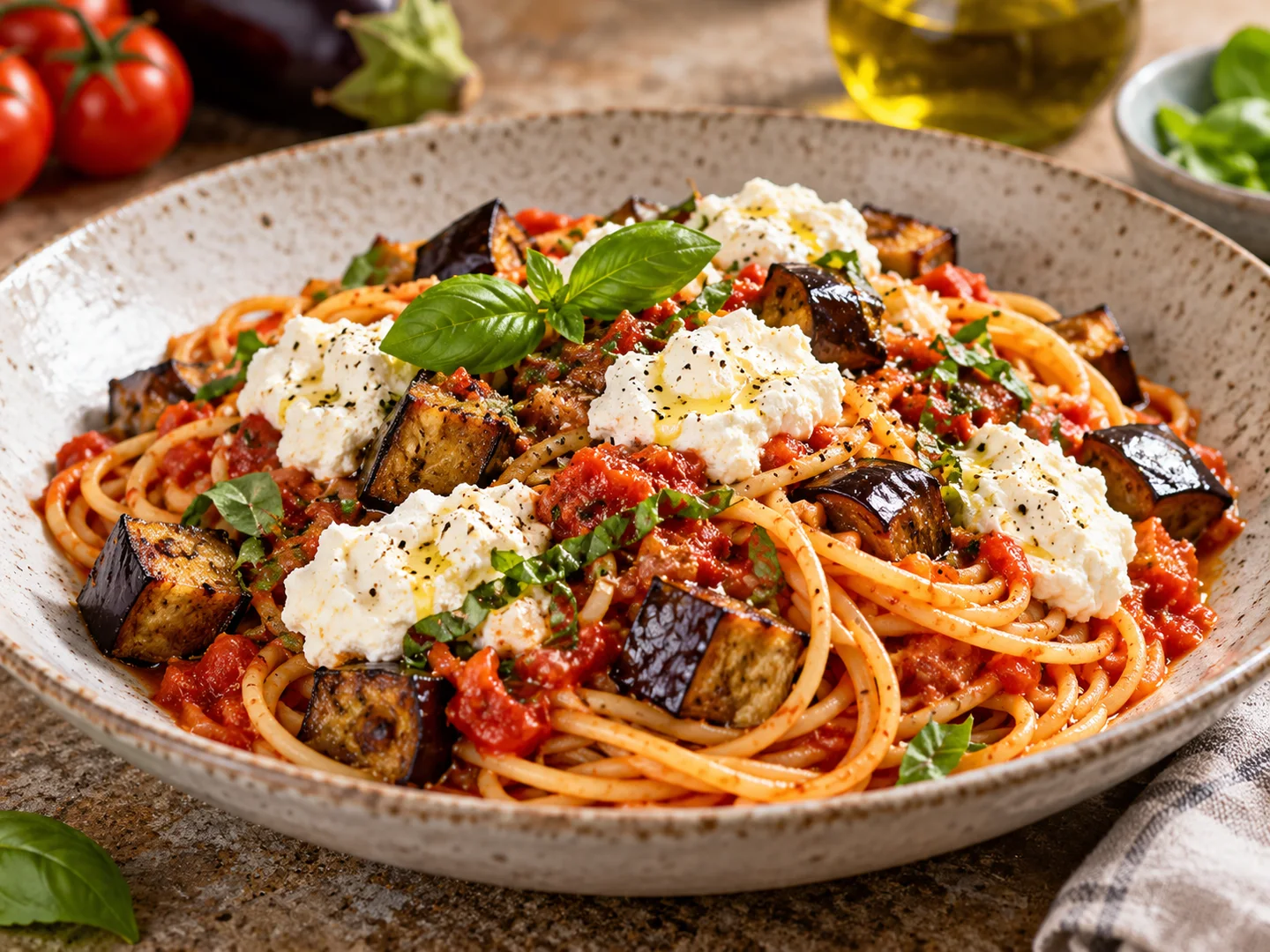 Spaghetti aux aubergines rÃ´ties et ricotta