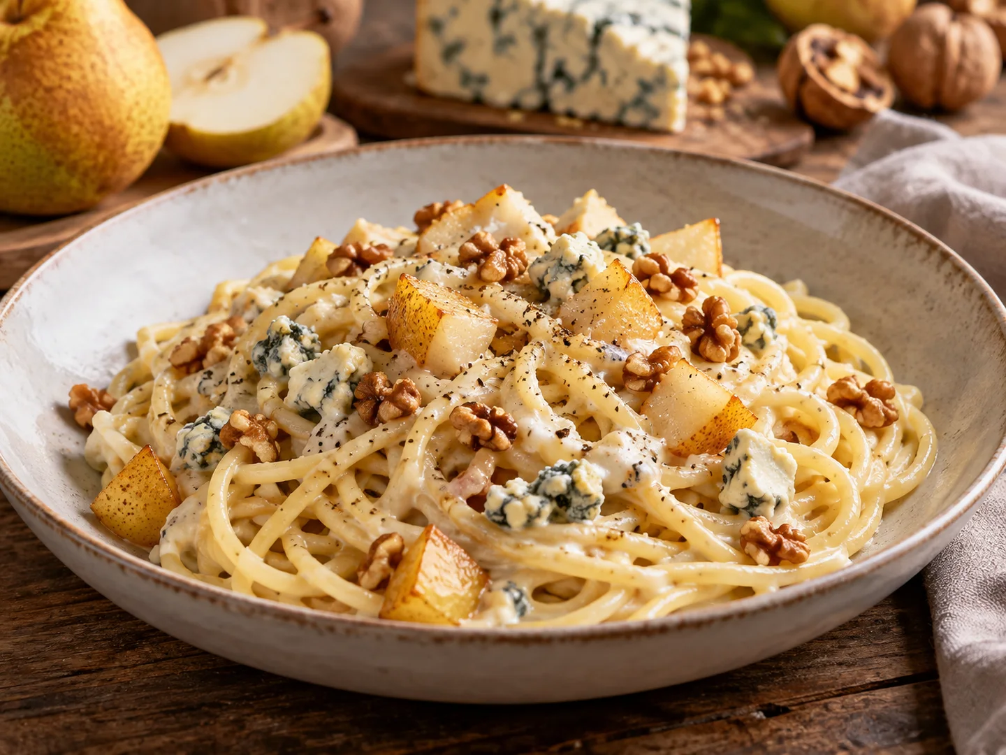 Spaghetti au fromage bleu avec poires et noix