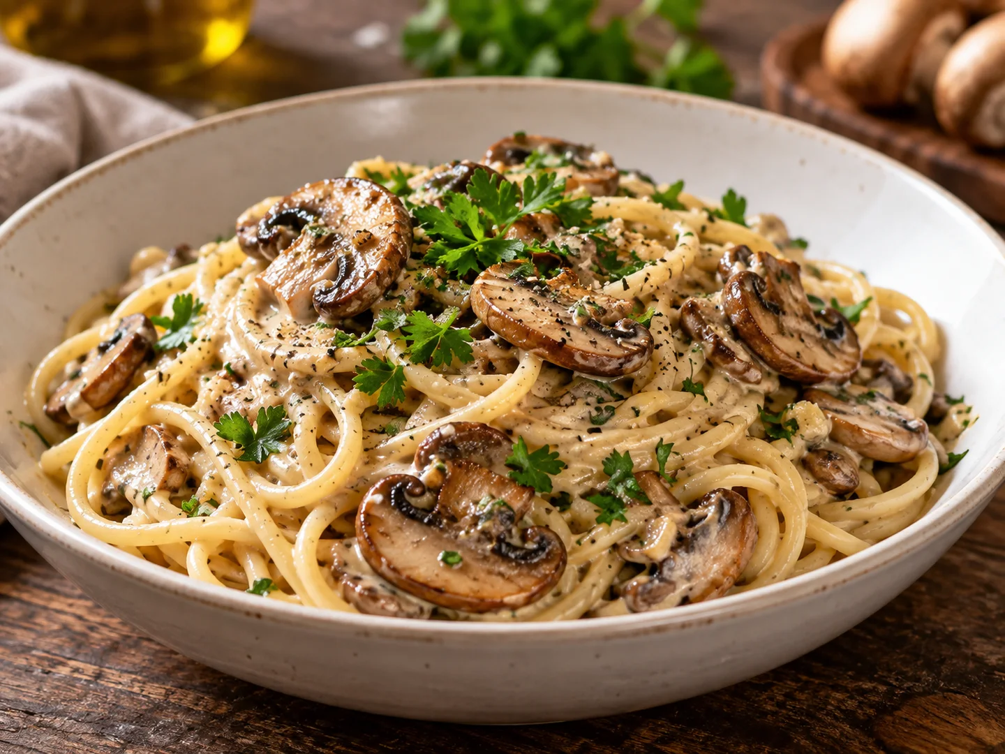 Spaghetti aux champignons dorÃ©s et crÃ¨me