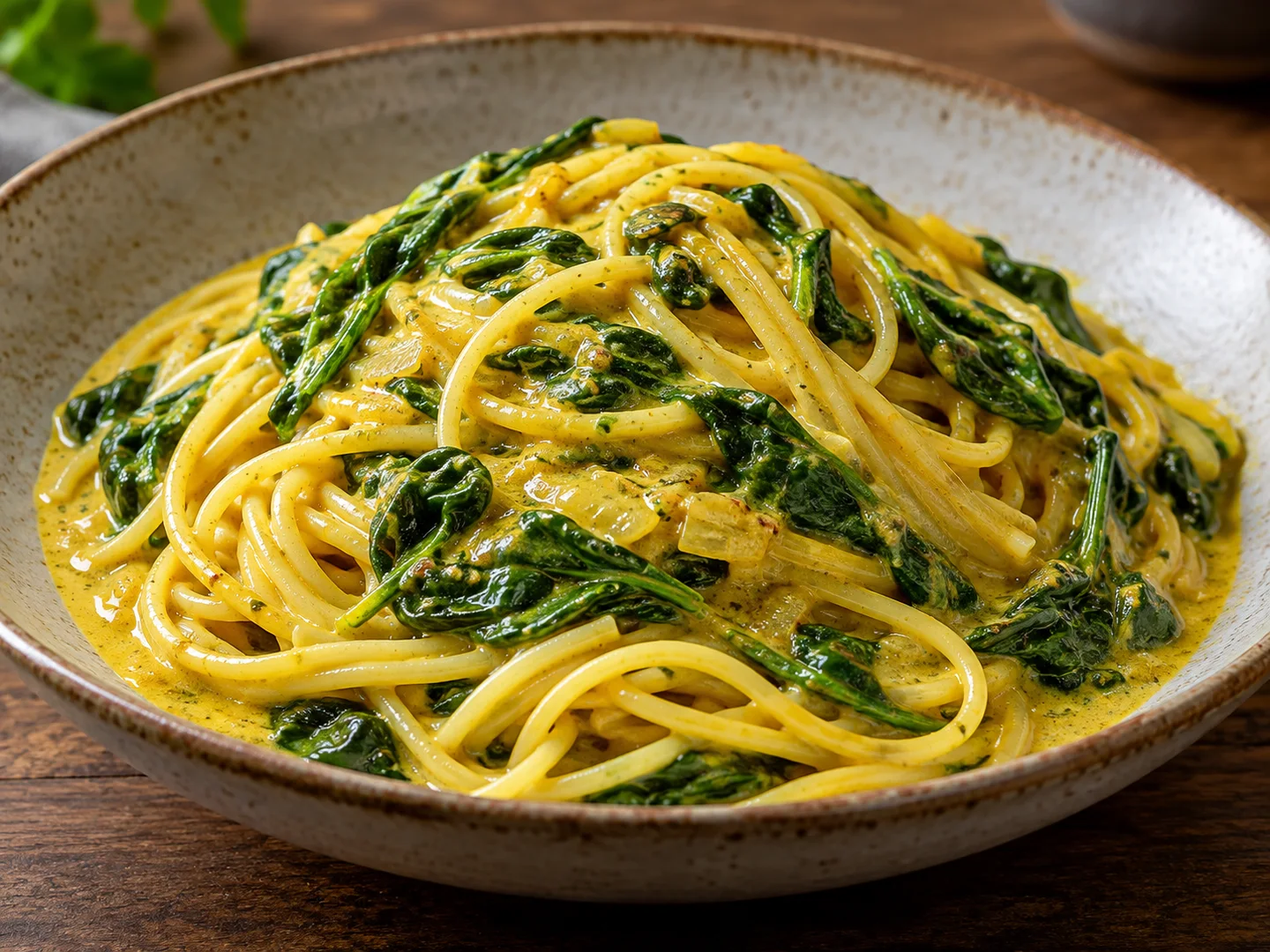Spaghetti au curry coco avec Ã©pinards
