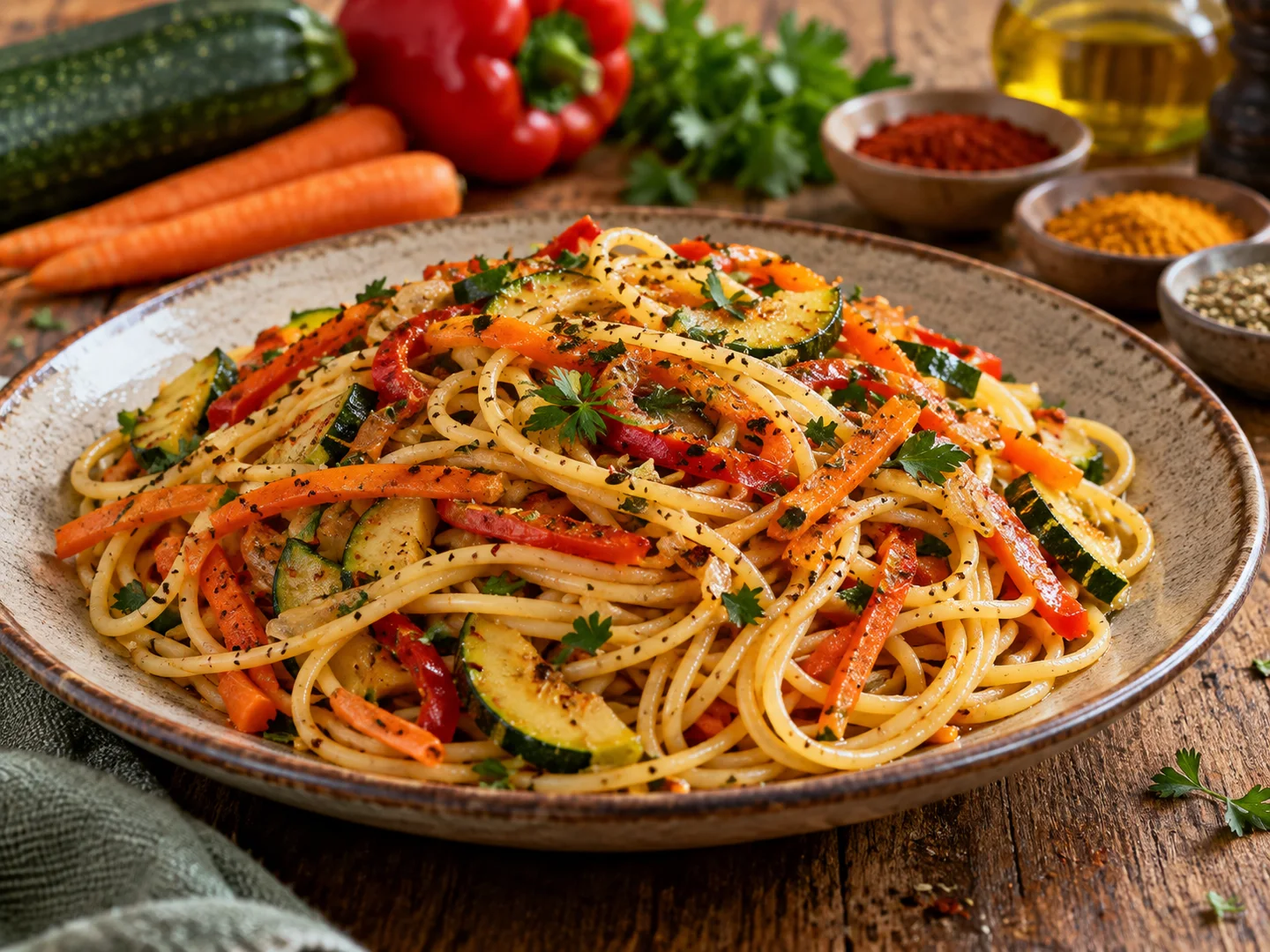 Spaghetti aux lÃ©gumes colorÃ©s et Ã©pices douces