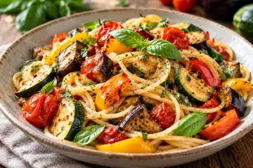 Spaghetti avec courgettes aubergines poivrons et tomates rÃ´tis