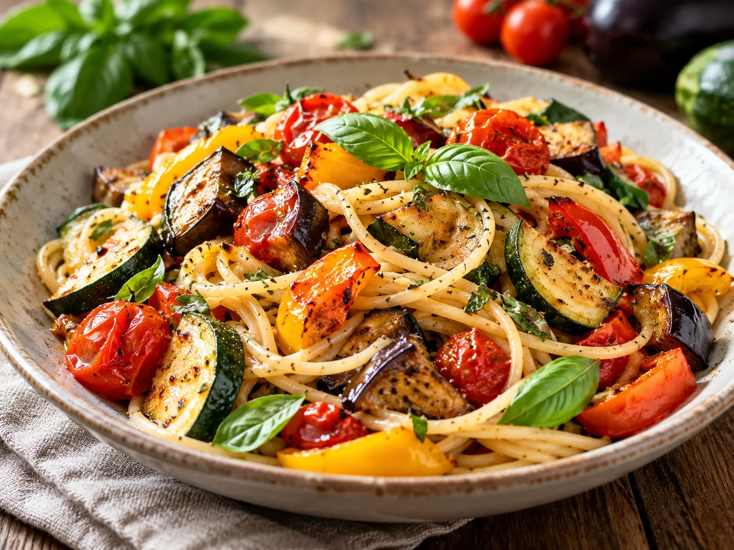 Spaghetti avec courgettes aubergines poivrons et tomates rÃ´tis