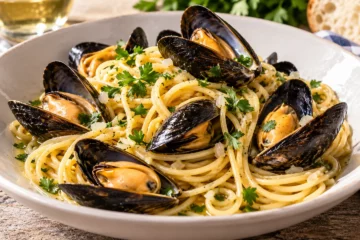 Spaghetti aux moules avec persil et jus au vin blanc