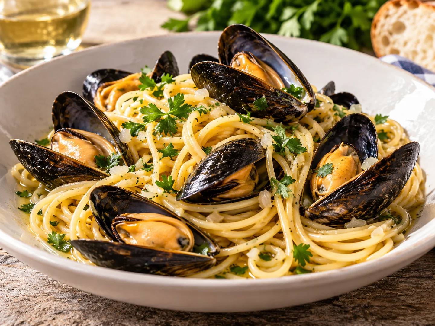 Spaghetti aux moules avec persil et jus au vin blanc
