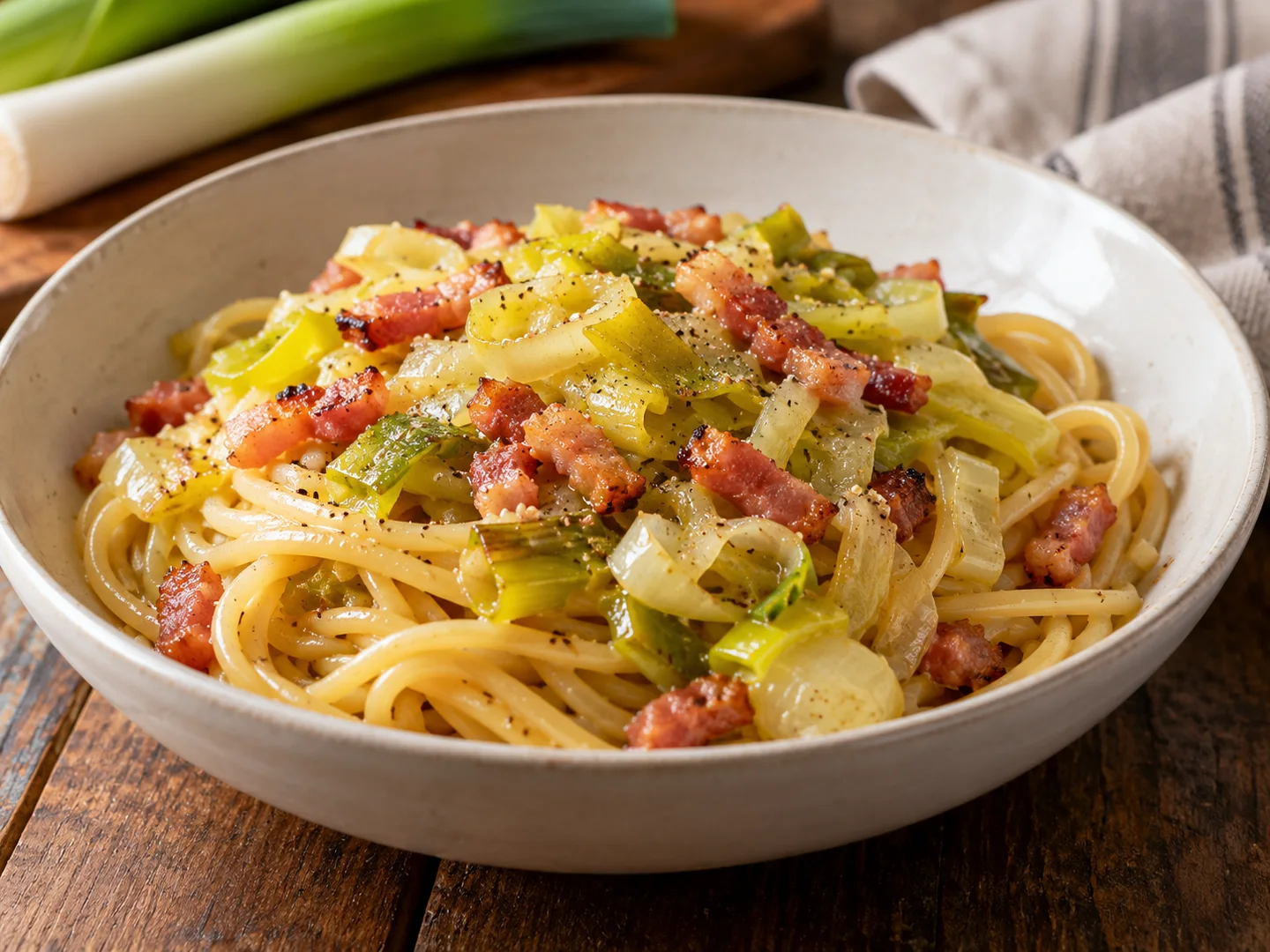 Spaghetti aux poireaux fondants et lardons dorÃ©s