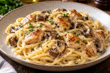 Spaghetti au poulet avec champignons dorÃ©s