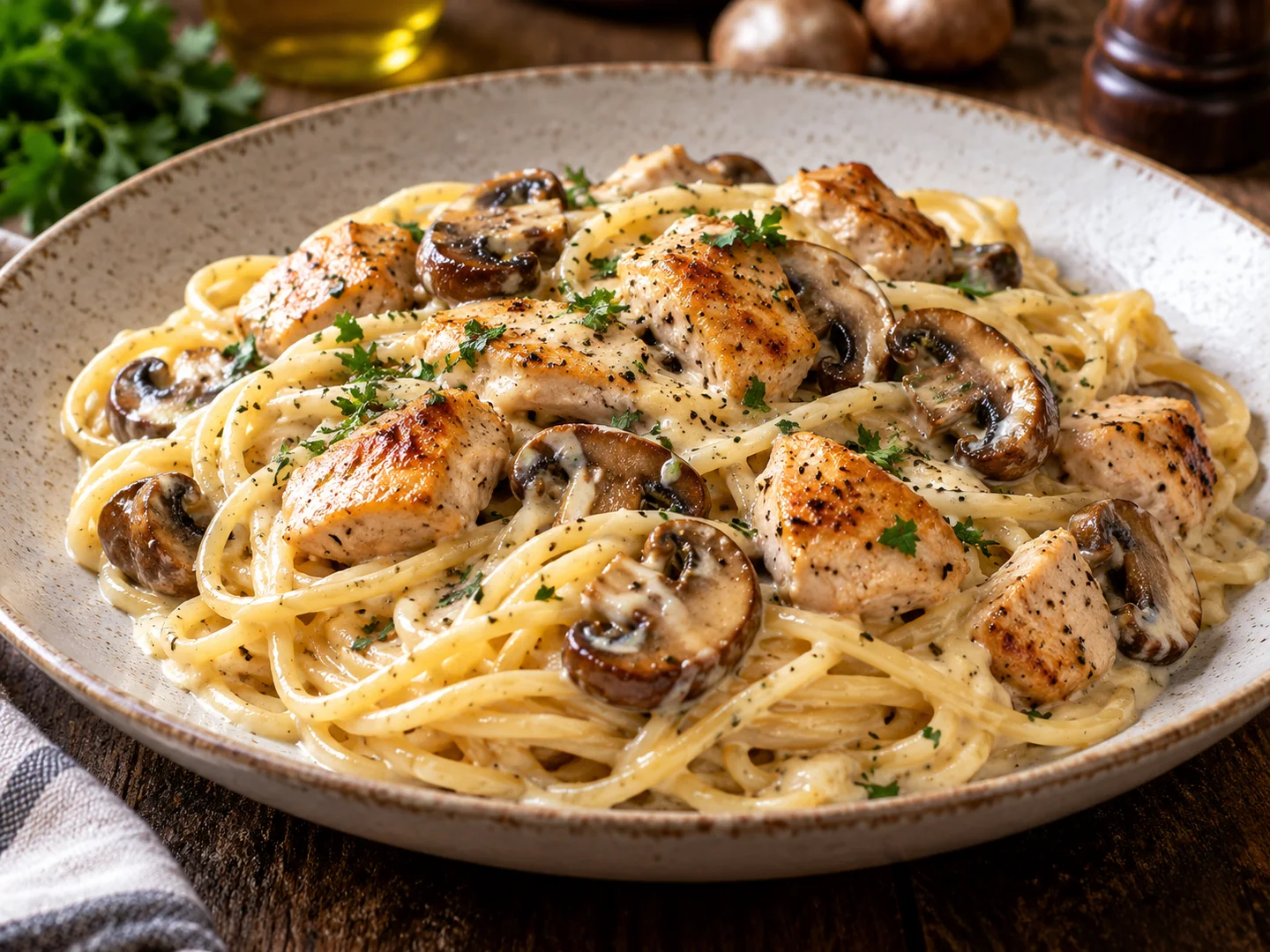 Spaghetti au poulet avec champignons dorÃ©s