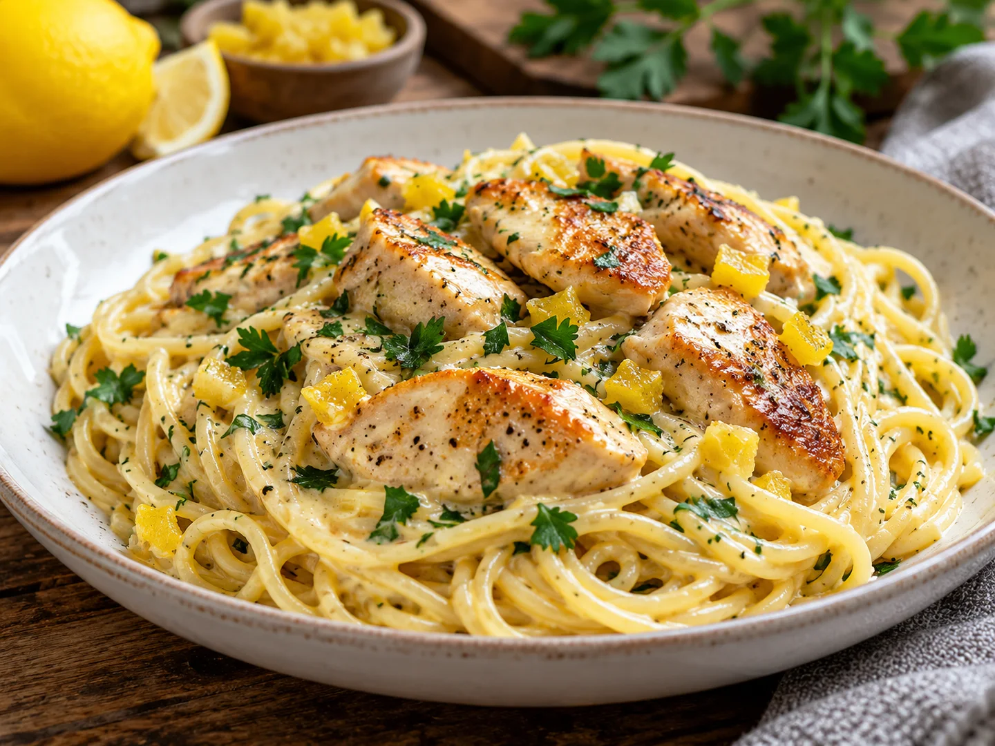 Spaghetti au poulet avec citron confit et persil
