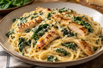 Spaghetti au poulet et Ã©pinards dans une sauce lÃ©gÃ¨re