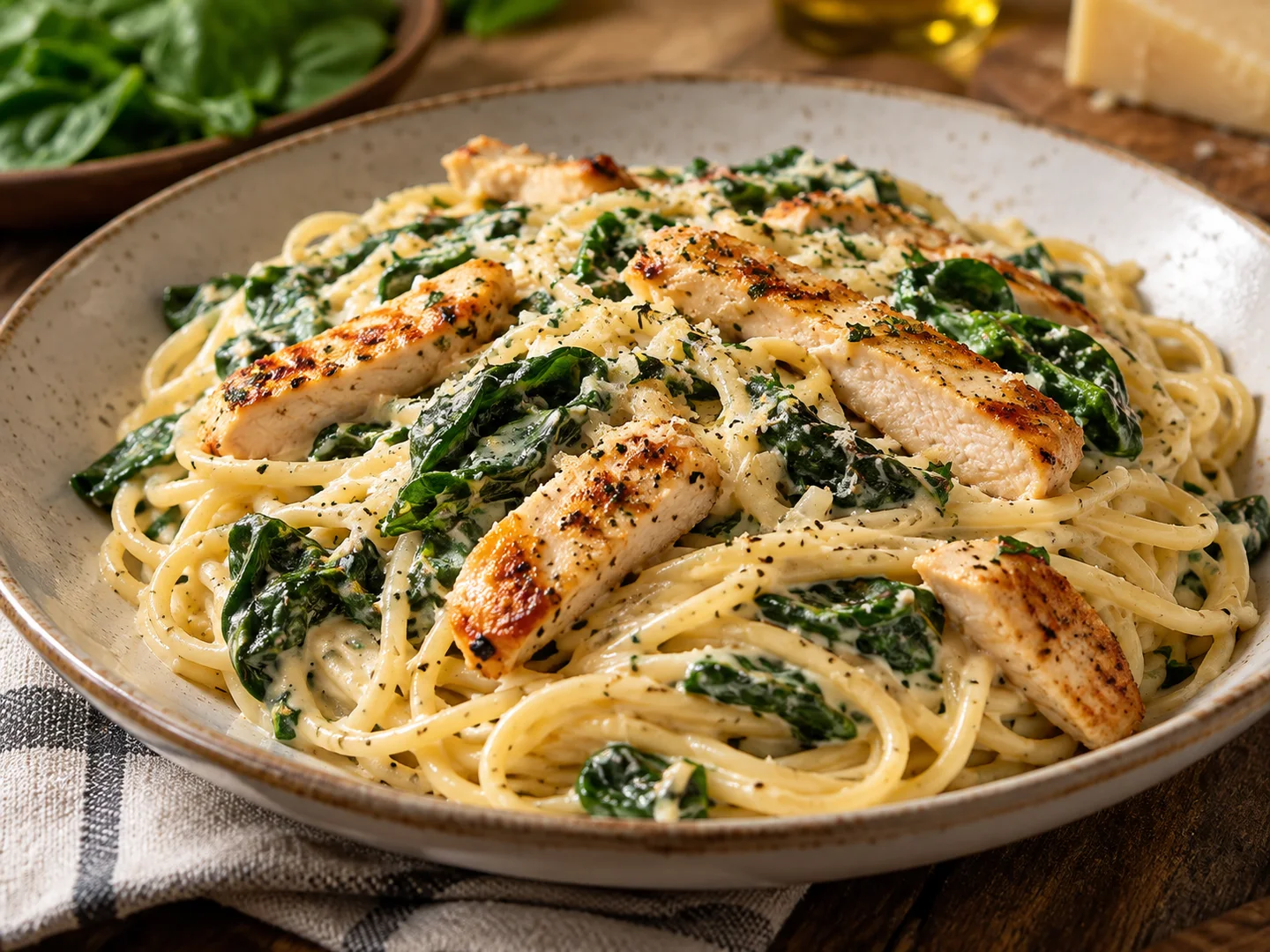Spaghetti au poulet et Ã©pinards dans une sauce lÃ©gÃ¨re