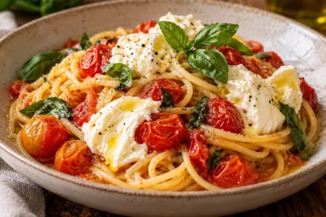 Spaghetti aux tomates cerises avec burrata et basilic
