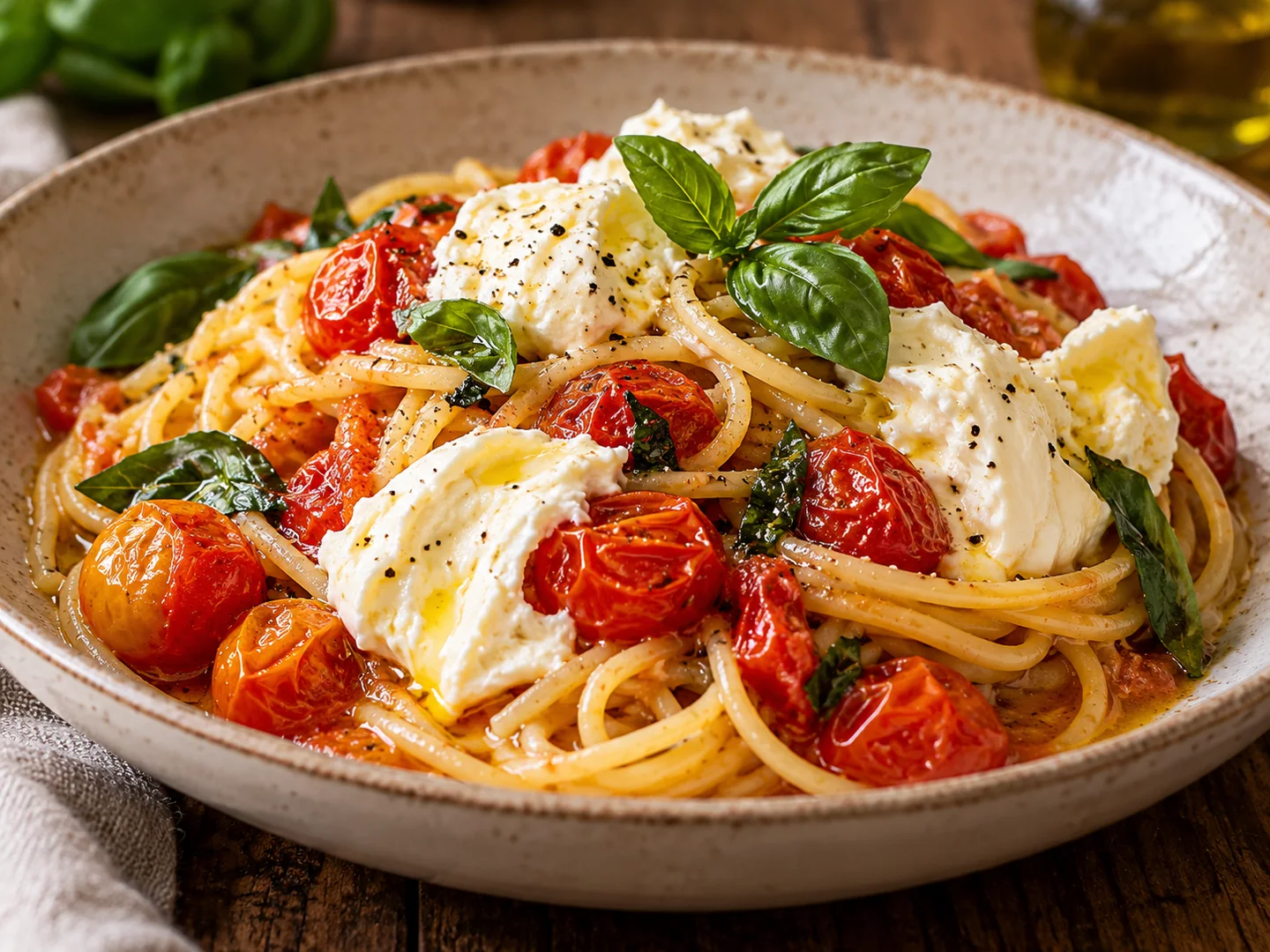 Spaghetti aux tomates cerises avec burrata et basilic