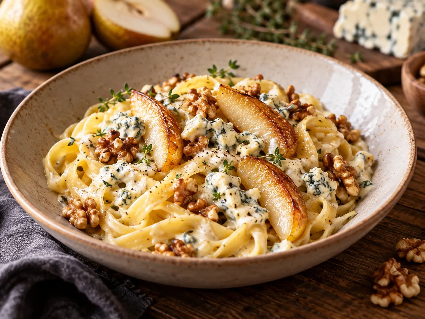 Tagliatelles au fromage bleu et poires