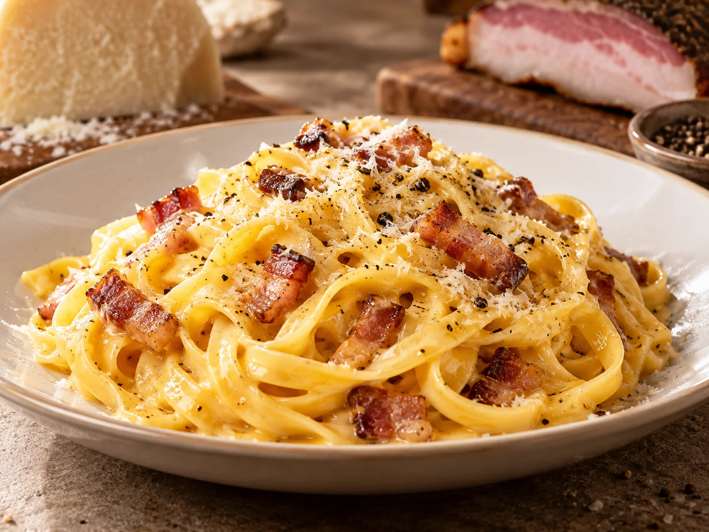 Tagliatelles carbonara crÃ©meuses avec guanciale et pecorino