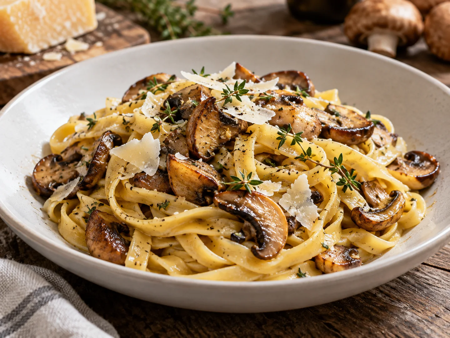 Tagliatelles aux champignons, parmesan et thym