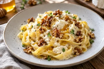 Tagliatelles au chèvre, miel et noix