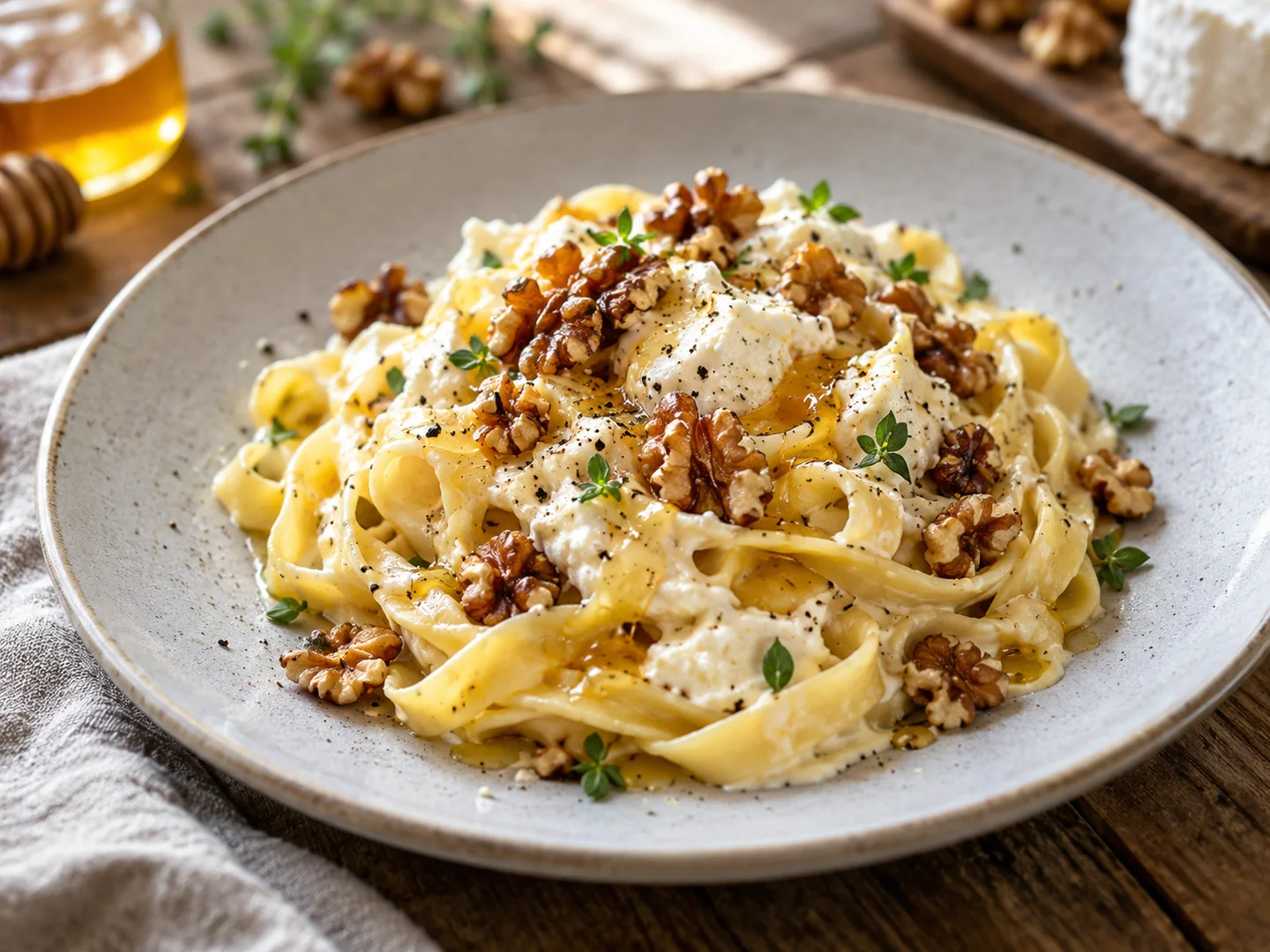Tagliatelles au chÃ¨vre, miel et noix
